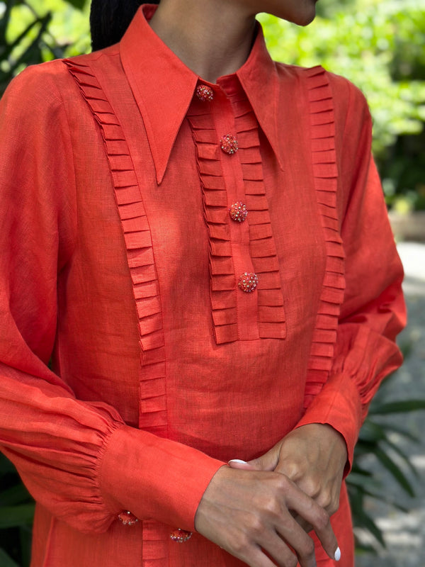 Tangerine Pleat Shirt Dress
