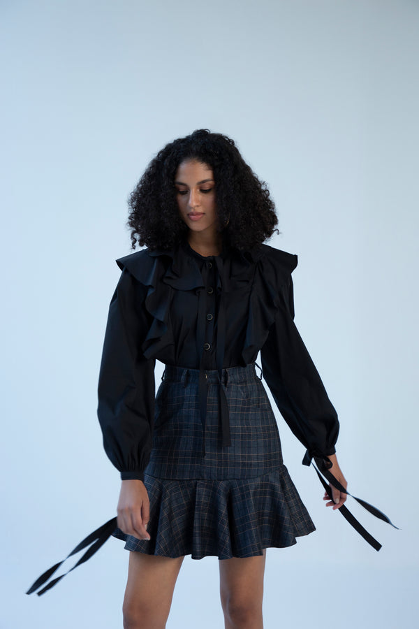 Black Ruffle Tie up Shirt and Skirt Co-ord